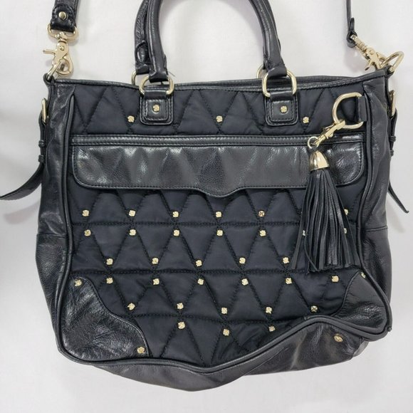 Rebecca Minkhoff Large Black Leather & Fabric Purse Bag Gold tone screw studs - Picture 2 of 16